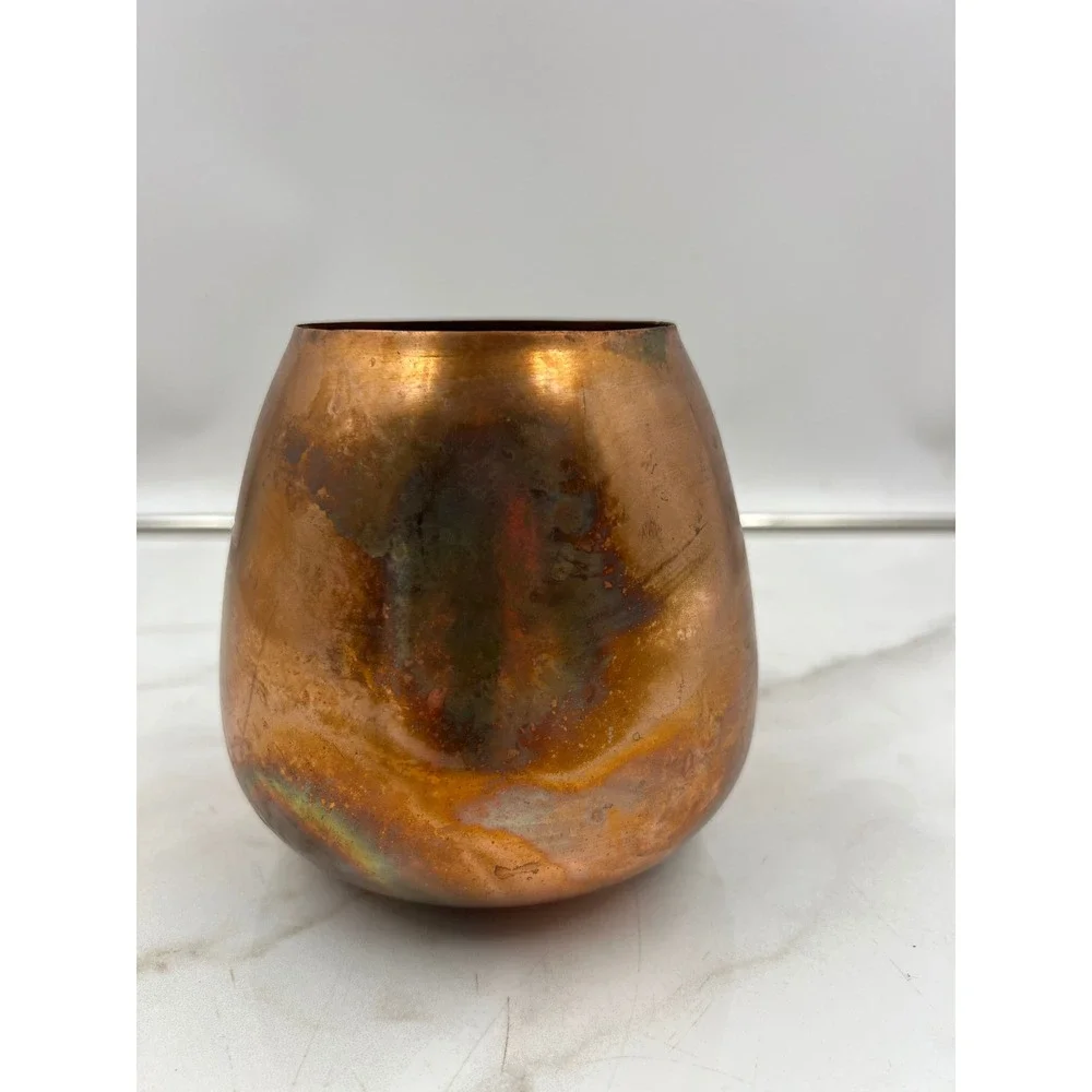 Vintage Handcrafted Copper Vessel Vase with Aged Patina Rustic Decorative Bowl
